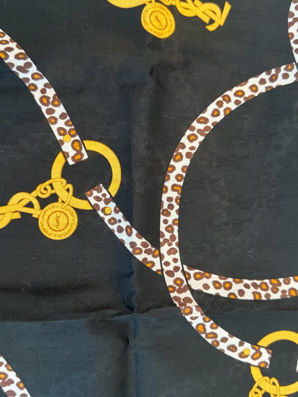Yves Saint Laurent Black Scarf with Gold and Brown Leopard Print Chains